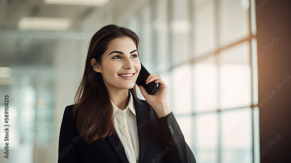 happy business woman talking on the phone In a clean and bright office with Generative AI happy business woman talking on the phone In a clean and bright office with Generative AI