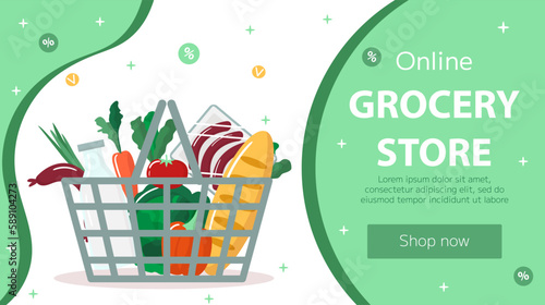 Vector online grocery store landing page template. Fresh products in shopping cart on green background. Horizontal backdrop, flyer, brochure for sale, discount, offers.