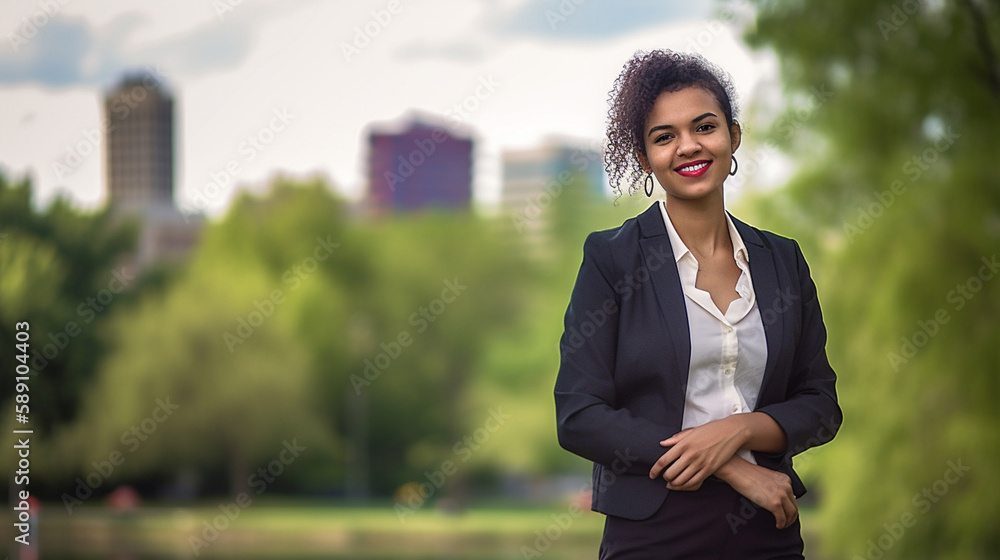 happy business woman walking in the park to create an aspirational feeling with Generative AI happy business woman walking in the park to create an aspirational feeling with Generative AI
