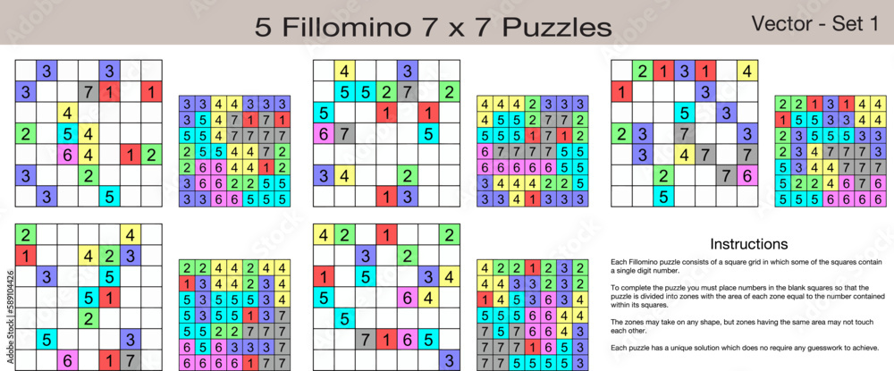 5 Fillomino 7 x 7 Puzzles. A set of scalable puzzles for kids and adults, which are ready for web use or to be compiled into a standard or large print activity book.