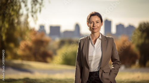 happy business woman walking in the park to create an aspirational feeling with Generative AI