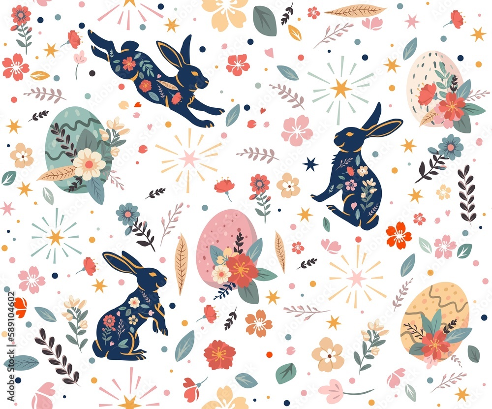 Happy Easter seamless pattern. Trendy Easter design with typography, hand drawn strokes and dots, eggs and bunny in pastel colors. Modern minimalist style.