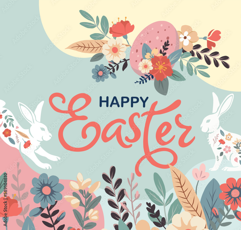 Happy Easter, greeting cards, posters, holiday covers. Trendy doodle design with typography, hand drawn strokes, dots and eggs in pastel colors. Minimalist contemporary art style.
