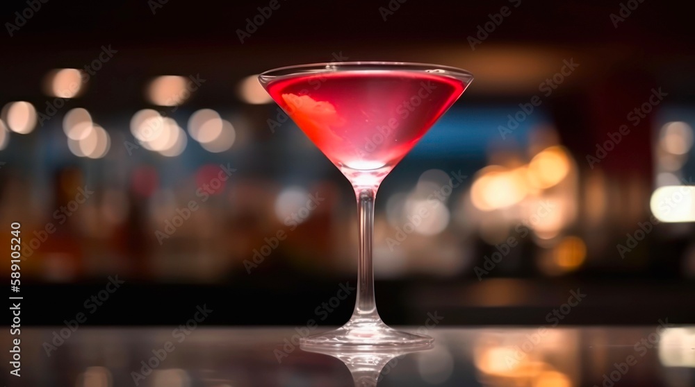 Glass of cocktail cosmopolitan in front of abstract blurred background of night bar. Red alcohol cocktail on a table in a restaurant. Generative AI.