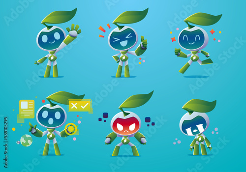 modern green eco robot mascot character set	
