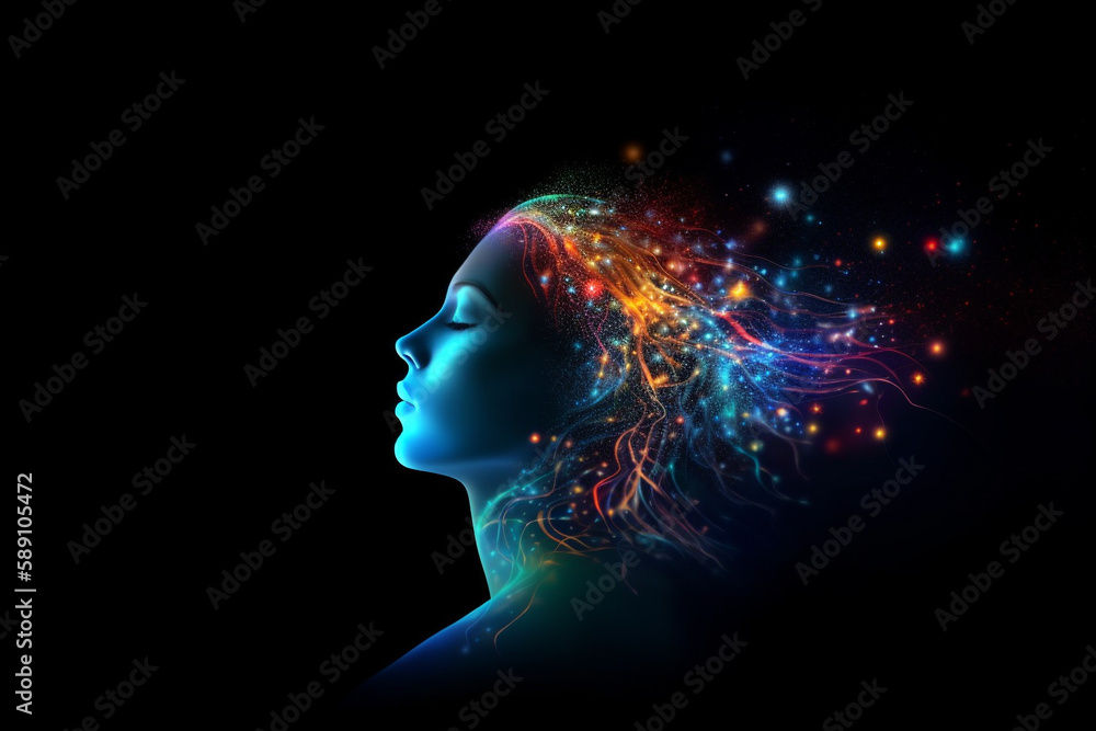 Obraz premium State of mind and dream concept. Beautiful woman face silhouette in space background. Abstract dream or sleep state of mind interpretation and visualization. Generative AI