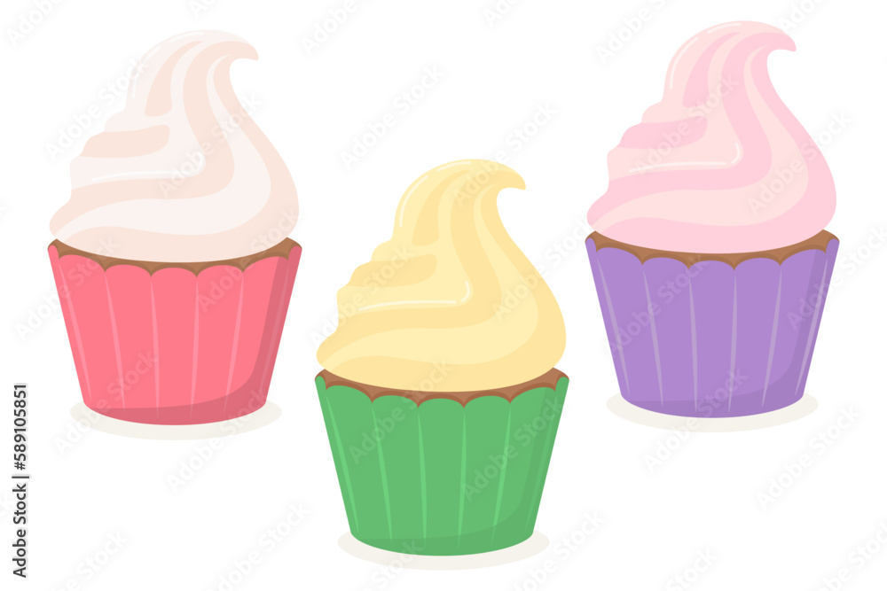 A set of sweet colorful delicious cupcakes with cream. Vector illustration of baking in a flat style. A set of sweet colorful delicious cupcakes with cream. Vector illustration of baking in a flat style.