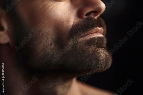 Closeup of handsome man face with dark stubble beard, on black background. Generative AI. 
