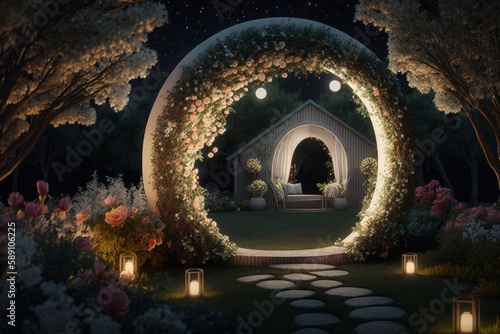 Generative AI of a romantic garden at night with a wedding arch