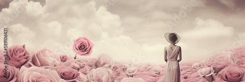 Woman wearing a pink elegant dress and hat, in a field of roses, generative ai banner illustration