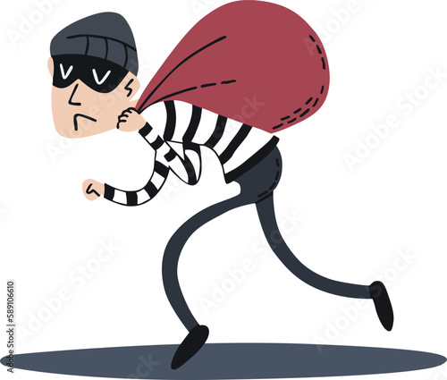 Cartoon thief running with a bag of money. Vector illustration.