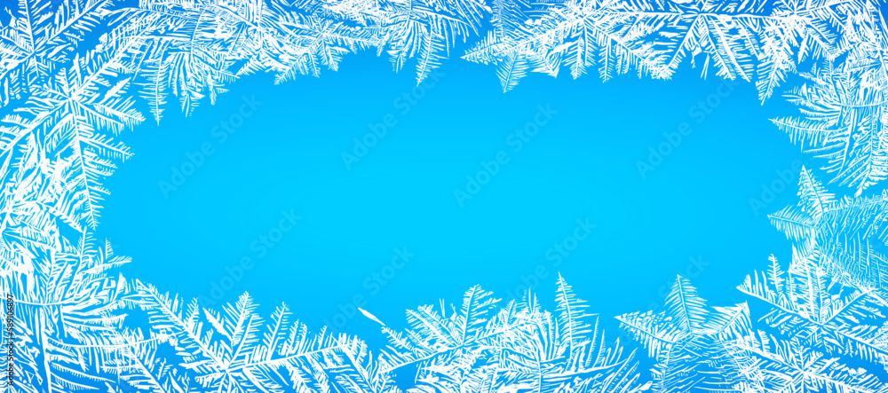 Frost pattern background. Frozen texture in winter (vector ice crystals) with snowflakes. Star sparkle background