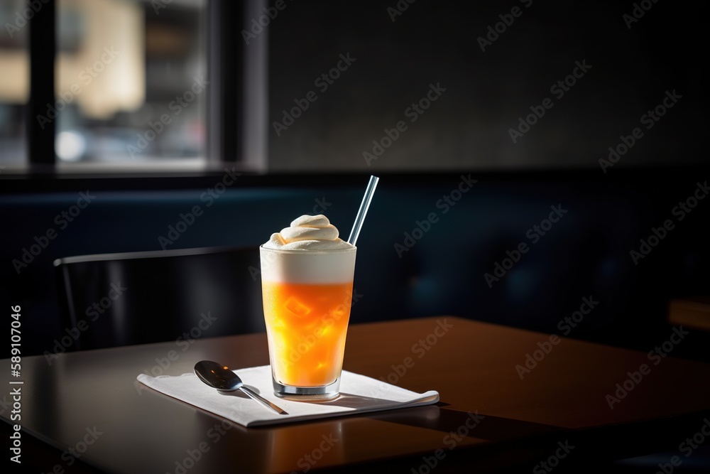 Cold summer beverage with cold foam on dark background. ice coffee, menu item - generative ai Cold summer beverage with cold foam on dark background. ice coffee, menu item - generative ai
