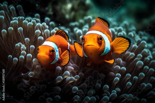 Illustration of  an anemone  with two vibrant clownfish swimming in an aquarium created with Generative AI technology