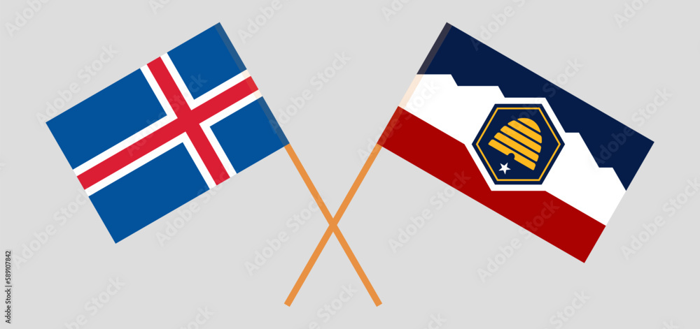 Crossed flags of Iceland and The State of Utah. Official colors. Correct proportion