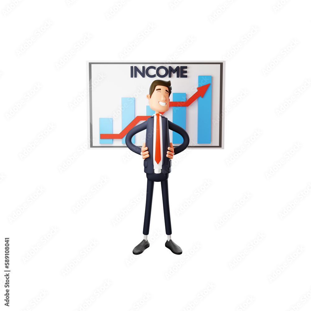 3D illustration. 3D image illustration of a man standing behind a chart table, both hands on his waist, with a face full of happiness. 3D Cartoon Character 3D illustration. 3D image illustration of a man standing behind a chart table, both hands on his waist, with a face full of happiness. 3D Cartoon Character