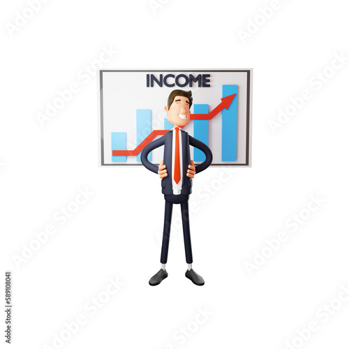 3D illustration. 3D image illustration of a man standing behind a chart table, both hands on his waist, with a face full of happiness. 3D Cartoon Character