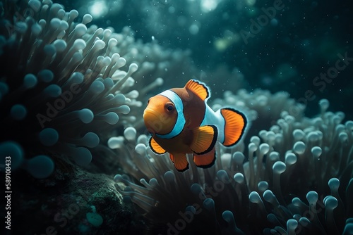 Illustration of  an anemone  with a vibrant clownfish swimming in an aquarium created with Generative AI technology