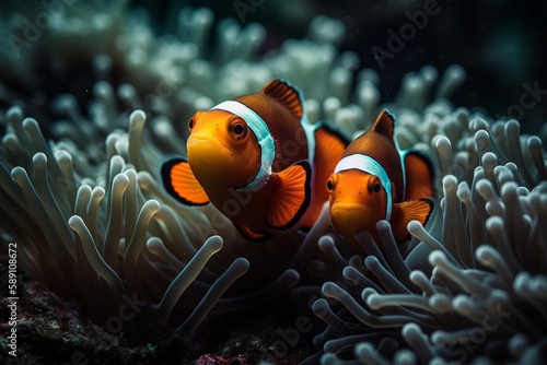 Illustration of  an anemone  with two vibrant clownfish swimming in an aquarium created with Generative AI technology © AI Visual Vault
