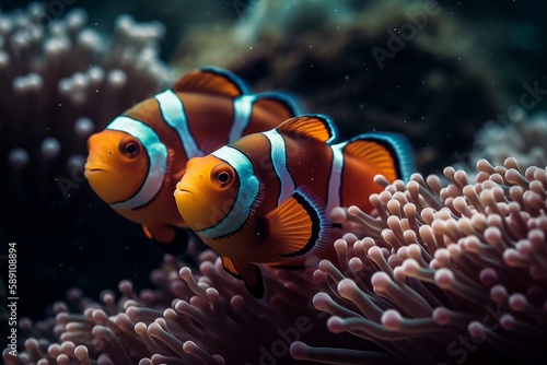 Obraz na plátne Illustration of  an anemone  with two vibrant clownfish swimming in an aquarium