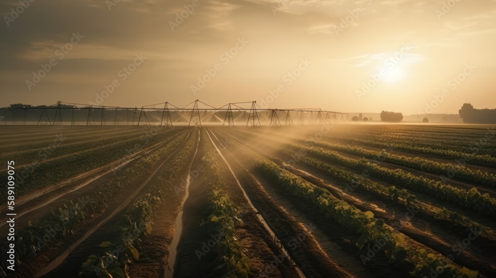 Naklejka premium Irrigation system on agricultural soybean field, rain gun sprinkler. Landscape beautiful sunset. Generative AI