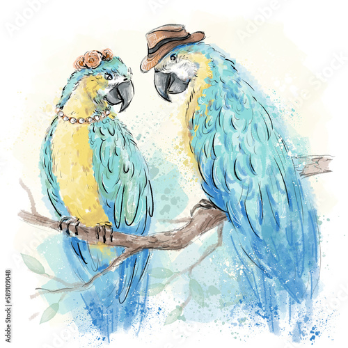 Картината върху платно A pair of blue and yellow parrots sitting on a branch