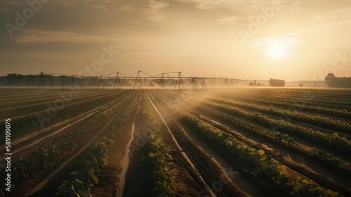 Irrigation system on agricultural soybean field, rain gun sprinkler. Landscape beautiful sunset. Generative AI