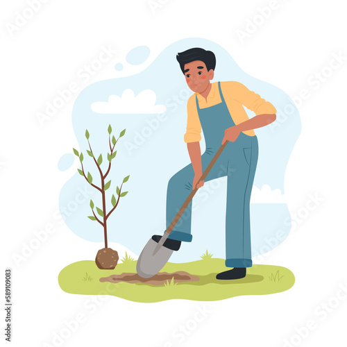 Black man digging up ground with shovel to plant a tree. Male working in garden. Cute vector illustartion in flat cartoon style