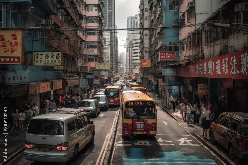 A yellow and red bus is driving down a busy street with a sign that says hong kong on it.