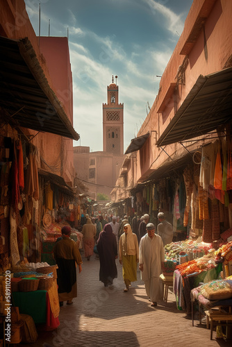 A street scene with a clock tower in the background photo