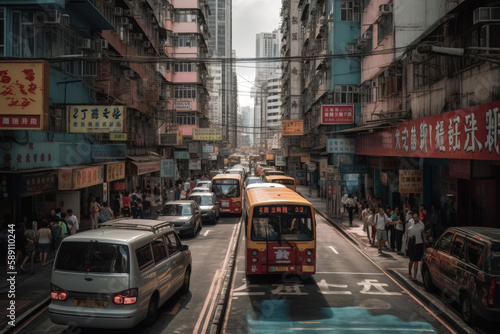 A yellow and red bus is driving down a busy street with a sign that says hong kong on it. © ES DigitalArt Heaven