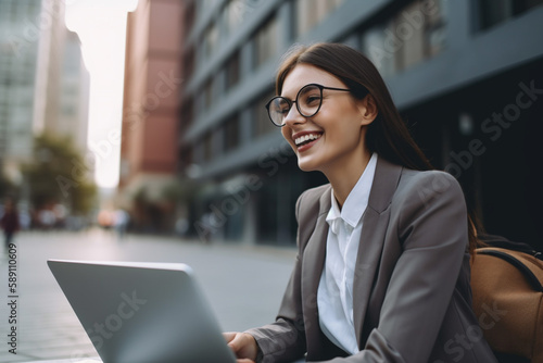 Woman working on laptop. Generative AI