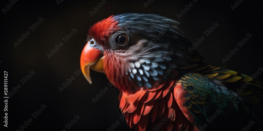 Close up Dusky lories with red and black feather. Generative AI Close up Dusky lories with red and black feather. Generative AI