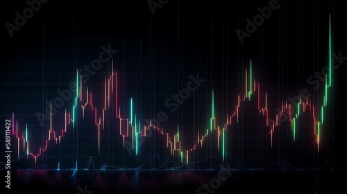 Technical price graph and indicator, red and green candlestick chart on blue theme screen, market volatility. AI generated