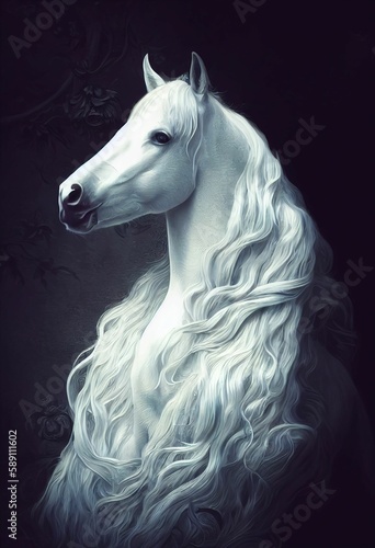 Beautiful white horse on dark background. Digital illustration.