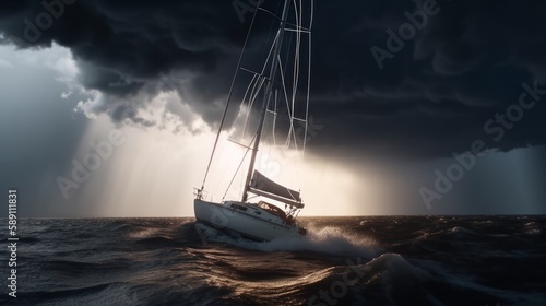 Yacht sailing in a storm with lightning. AI generated.