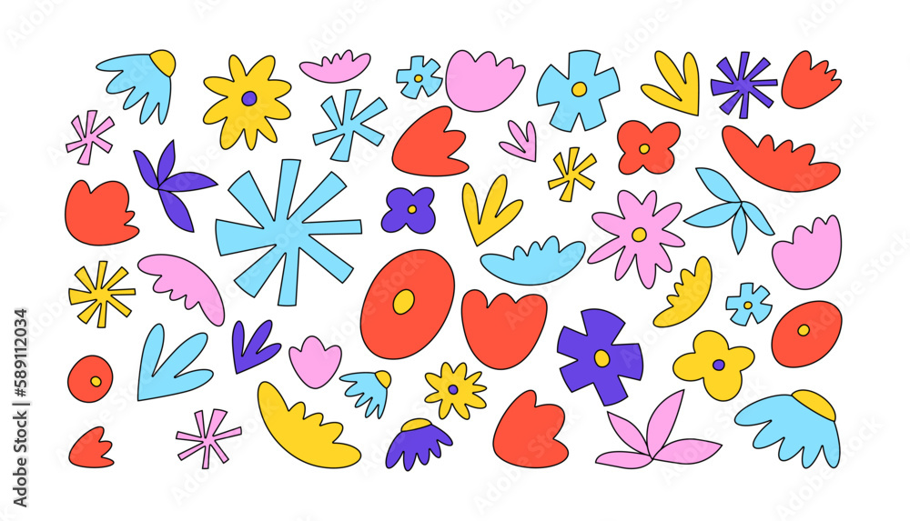 Vector floral set icons. Y2k flowers collection sticker stickers for print or social media.