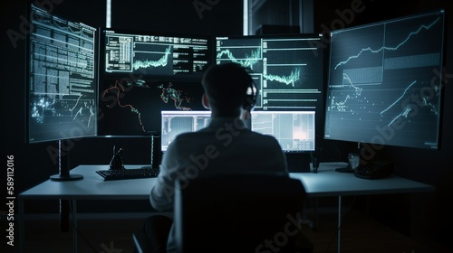 Man working on computer, back view. A man looks at a computer screen․ crypto graphic. Ai generated.