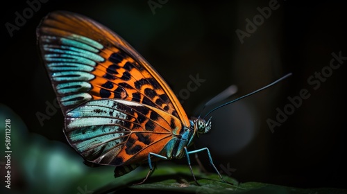 Colorful big butterfly sitting on green leaves, beautiful insect in the nature habitat. Generative AI © AngrySun