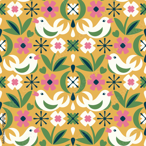 Vector seamless ornament for kids with birds and geometric flowers