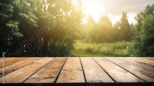 Wood table mockup with summer rain over green landscape. Empty copy space for product presentation. Generative AI