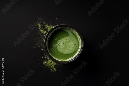 Cup of matcha green tea on dark background top view copy space. AI generated
