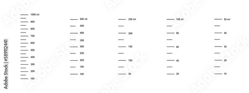 Set of scales with 1 liter, 500, 250, 100 and 50 ml liquid volume for measuring cups to preparing cooking or chemical flasks isolated on white background. Vector outline illustration