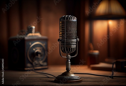 Vintage microphone in very old music recording studio, film scene, vinyl cover, Podcast production. AI Generative. Generative AI