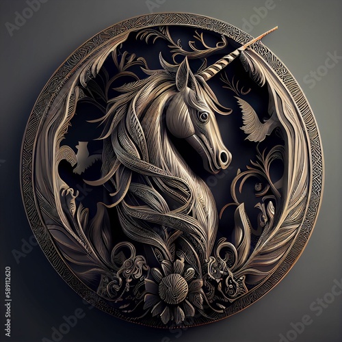 3D illustration of a unicorn with metallic details for a T-shirt design logo