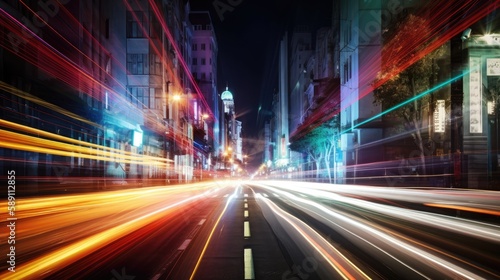 Abstract long exposure photographs of a city in dynamic speed light trails. Generative AI © piai