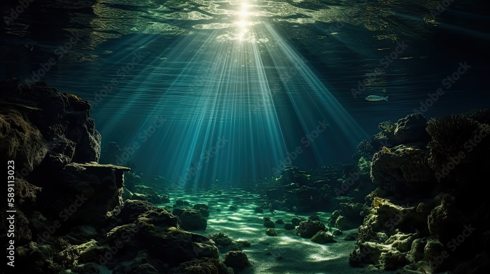 Schöne Unterwasserszene mit Lichtstrahlen, die durch das Wasser bis auf den Meeresgrund scheinen, Generative AI