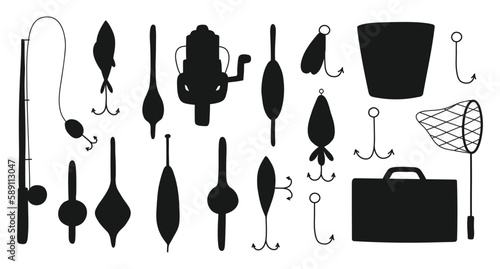 Collection of tackle and lures for fishing in silhouette style. Vector illustration.Set of silhouettes for fishing.