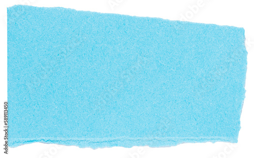 Isolated cut out torn piece of blank blue paper cardboard with texture and copy space for text, top view from above on white or transparent background
