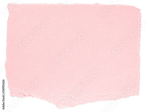 Isolated cut out torn piece of blank pink paper note cardboard with texture and copy space for text, top view from above on white or transparent background